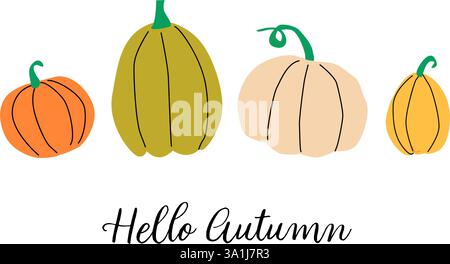 Striscione moderno per il Ringraziamento d'autunno con scritta. Sfondo orizzontale con zucche. Design piatto e minimalista. Illustrazione Vettoriale