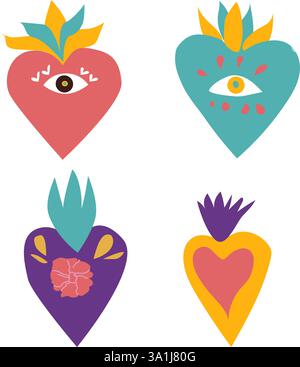 Cuori sacri messicani con fiamma incastonata. Cuori con occhi e fiori - per adesivi e patch in colori retrò. Illustrazione Vettoriale