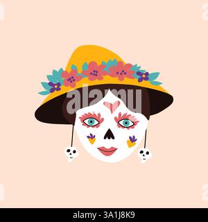 Messicano Death Day maschera teschio con fiore. Per banner o poster. Dia de los muertos elemento tradizionale da festival. Testa di donna in cappello con fiori in m Illustrazione Vettoriale