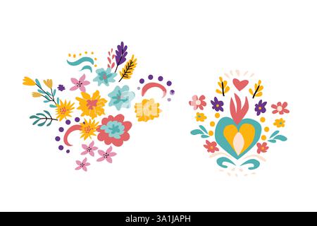 Fiori messicani elementi floreali per biglietti d'invito, poster e striscioni. Elementi decorati disegnati a mano con fiori, foglie e cranio. Illustrazione Vettoriale
