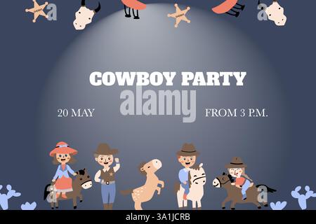 Invito per cowboy party con motivi per bambini per festeggiare i bambini. Illustrazione Vettoriale
