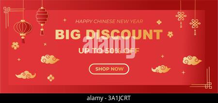 Promozione Capodanno cinese design su sfondo rosso. Biglietto di auguri lunare e banner sconto in formato orizzontale. Illustrazione Vettoriale