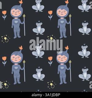 Incantevoli motivi principessa con cavalieri e rane per l'arredamento della camera dei bambini. Illustrazione Vettoriale