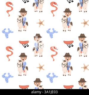 Cowboy e motivi per bambini a tema occidentale per progetti di design e decorazione per bambini. Illustrazione Vettoriale