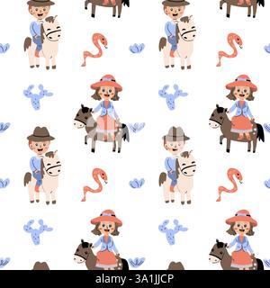 Motivo infantile a tema cowboy e cavallo con personaggi e cactus carini. Illustrazione Vettoriale