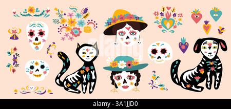 Elementi messicani del giorno della morte. Adesivi per il festival dia de los muertos, invito alla festa musicale e poster. Teschio di zucchero, tatuaggio ed elemento floreale Illustrazione Vettoriale