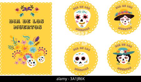 Banner o manifesti messicani del giorno della morte. Biglietto d'auguri dia de los muertos. Teschio di zucchero, animali domestici tatoo ed elementi floreali, fiori e maschera tatoo. Illustrazione Vettoriale