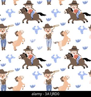 Divertente motivo cowboy e cavallo per l'arredamento e l'artigianato della camera dei bambini. Illustrazione Vettoriale