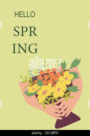 Bouquet floreale di primavera Hello con fiori gialli e arancioni su sfondo verde chiaro. Illustrazione Vettoriale