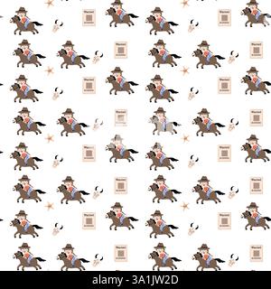 Divertente motivo a tema cowboy per l'arredamento e l'artigianato dei bambini. Illustrazione Vettoriale