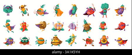 Un enorme set di diversi supereroi di frutta e verdura in costumi e mantelle colorati. Personaggi divertenti e dinamici perfetti per il branding, i bambini bo Illustrazione Vettoriale