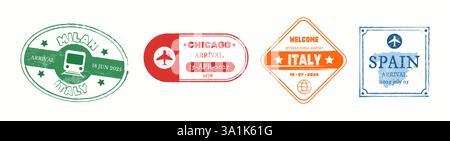 Illustrazione di francobolli da viaggio con Milano Chicago Italia e Spagna ogni francobollo è distinto da elementi di design unici e informazioni sulla data di viaggio Illustrazione Vettoriale