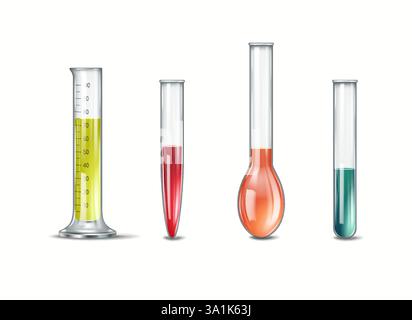 Illustrazione di vetreria da laboratorio diversa, comprese provette e matracci riempiti di liquidi colorati che rappresentano sostanze chimiche in uno scie Illustrazione Vettoriale