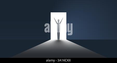 Nuove possibilità, speranza - Business Finding Solution concetto vettoriale - Una silhouette umana in piedi davanti a una camera oscura - Vector Conce minimalista Illustrazione Vettoriale