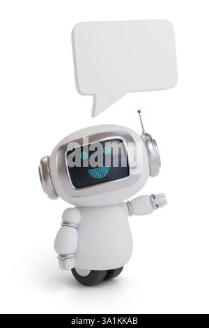 Simpatico robot felice con bolla vocale isolata su sfondo bianco. illustrazione 3d. Foto Stock