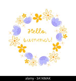 Corona floreale brillante con fiori gialli e viola Hello Summer Digital Design Illustrazione Vettoriale