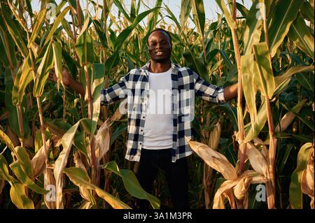 Sorridendo, emozioni positive. Il giovane nero è in piedi nel campo di mais di giorno. Foto Stock