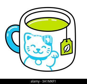 Semplice icona a forma di doodle di tazza da tè verde con gatto kawaii maneki neko. Carino disegno di una bevanda calda a fumetti. Illustrazione vettoriale disegnata a mano. Illustrazione Vettoriale