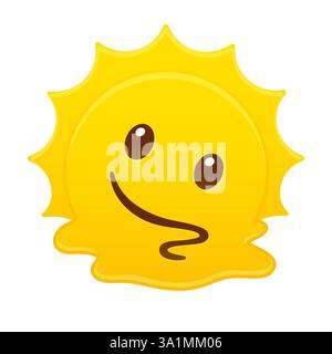 Cartoon Sun che si scioglie in pozzanghera, caldo estivo estremo. Graziosa illustrazione grafica a clip vettoriale. Illustrazione Vettoriale