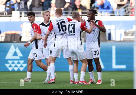09.03.2025, Fussball Bundesliga, Eintracht Francoforte - 1. FC Union Berlin, v.l., Torjubel zum 1:0 durch Michy Batshuayi (Eintracht Frankfurt), celebrazione degli obiettivi, celebrazione degli obiettivi LE NORMATIVE DFL/DFB VIETANO QUALSIASI USO DI FOTOGRAFIE COME SEQUENZE DI IMMAGINI E/O QUASI-VIDEO. xdcx Foto Stock