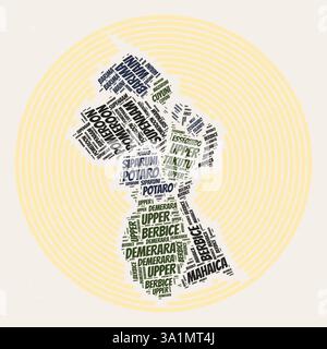 Poster rotondo della Guyana. Immagine tipografica del Paese. Regioni nuvole di parole della Guyana. Design vintage con texture graffiante. Illustrazione Vettoriale