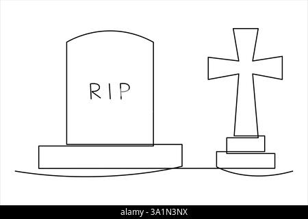 Gravestone R.I.P continua una linea disegno d'arte di Halloween, tomba, cimitero, morte, giorno commemorativo Illustrazione Vettoriale