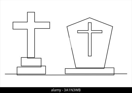 Gravestone R.I.P continua una linea disegno d'arte di Halloween, tomba, cimitero, morte, giorno commemorativo Illustrazione Vettoriale