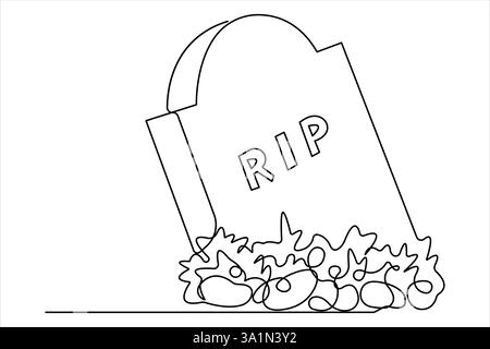 Gravestone R.I.P continua una linea disegno d'arte di Halloween, tomba, cimitero, morte, giorno commemorativo Illustrazione Vettoriale