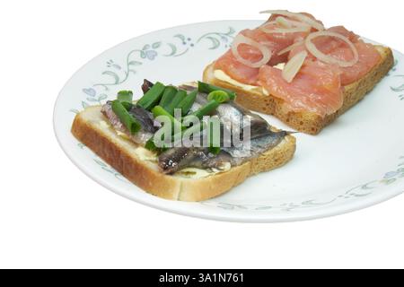 panini con pesce salato: fette di salmone salato e piccoli spratti argentati, su pane bianco tostato con burro, condite con scalogni tritato. è Foto Stock