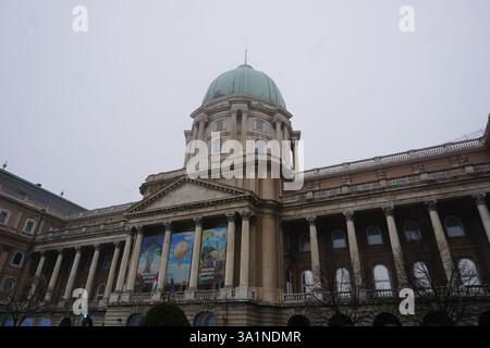 Vista frontale del famoso castello di Buda e della Galleria Nazionale ungherese in una nebbiosa giornata invernale a Budapest, Ungheria Foto Stock