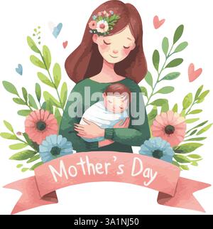 Immagini vettoriali acquerello di una madre e un bambino che si tengono per mano e camminano Illustrazione Vettoriale