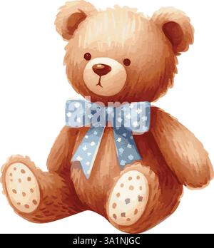 Immagine vettoriale dell'acquerello di un simpatico orsacchiotto marrone con una sciarpa rossa Illustrazione Vettoriale