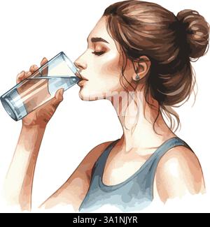 Immagine vettoriale dell'acquerello di una giovane donna che beve un bicchiere d'acqua sano Illustrazione Vettoriale