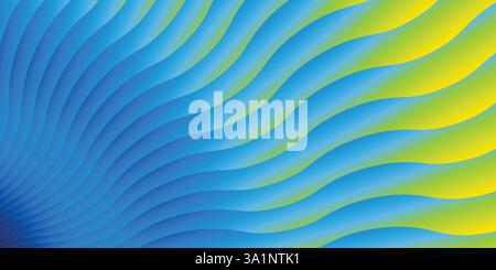 Le onde astratte di sfondo blu e giallo sfoggiano linee moderne lucide e brillanti di colore blu e giallo e sfumature futuristiche Illustrazione Vettoriale