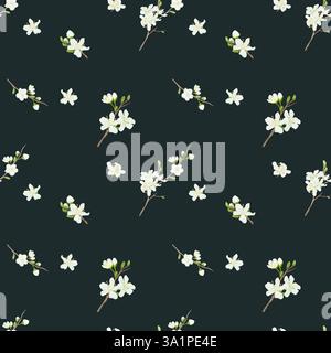 Fiori delicati sui rami primaverili di mele e ciliegio con foglie. Motivo senza cuciture. Illustrazione digitale acquerello. Boccioli e petali bianchi, fioriscono Foto Stock