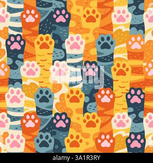 Zampe di gatti con motivo a fumetti senza cuciture. Diversi gattino di palme mani pelose piedi vari colori di pelliccia sfondo. Design di animali domestici senza limiti per la stampa di carta modello di sfondo per involucro illustrazione vettoriale Illustrazione Vettoriale