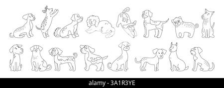 Cartoni animati cartoni animati per bambini. Simpatici cani infantili di diverse razze. Cucciolo in varie pose che gioca seduto e in piedi. Simpatici animali canini comici vettore semplice Illustrazione Vettoriale