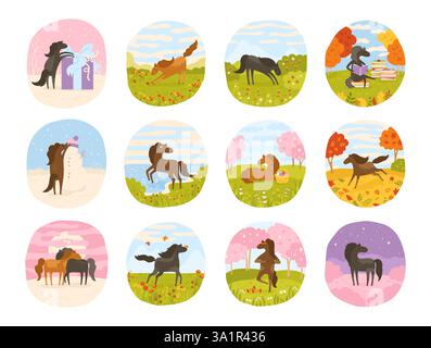 Illustrazione vettoriale del cartone animato Horse in Prato. Set di 12 pagine d'arte con cavalli in pose diverse, scene e paesaggi. Quattro stagioni, dodici mesi di illustrazione della natura per calendario con mare, mustang Illustrazione Vettoriale