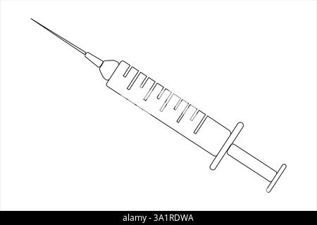 Siringhe per iniezioni disegno continuo di una linea art di vaccinazione, iniezione di cure sanitarie, campionamento del sangue per analisi di laboratorio. Concetto medico Illustrazione Vettoriale