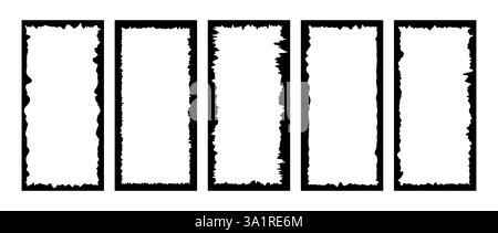 Forma rettangolare nera con bordi frastagliati. Strappato e ritagliato il nastro di carta strappato. Set di telai per grunge verticali. Illustrazione vettoriale isolata su bianco Illustrazione Vettoriale