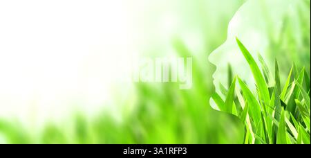 Striscione orizzontale con profilo umano in erba verde. Sviluppo sostenibile di un approccio strategico a zero rifiuti, consumo responsabile. Riutilizzo, Foto Stock