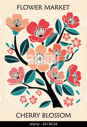 Poster artistico del mercato dei fiori astratto dei fiori in fiore dei ciliegi. Illustrazione Vettoriale