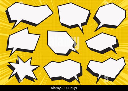 Fumetti vocali manga. Riquadro vettore fumetto per il testo. Fumetti anime. Finestra di dialogo pop art su sfondo esplosione. Forme carine per poster e banner Illustrazione Vettoriale