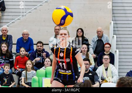 Erfurt, Germania. 8 marzo 2025. Pauline Martin (MTV Stuttgart, 11), 08.03.2025, Erfurt (Deutschland), pallavolo, 1) Bundesliga Frauen, Schwarz-Weiss Erfurt - Allianz MTV Stoccarda credito: dpa/Alamy Live News Foto Stock