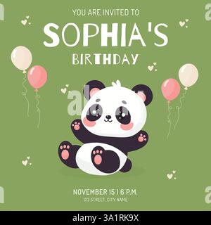 Biglietto d'invito per il compleanno con una simpatica illustrazione vettoriale Panda Flat. Illustrazione Vettoriale