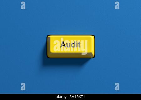 Tasto giallo che mostra la parola controllo su una tastiera blu, creando un concetto di contabilità. Rendering 3D. Foto Stock