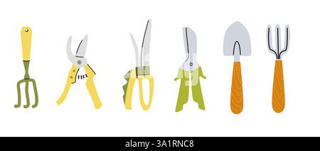 Collezione di attrezzi essenziali per il giardinaggio per uso domestico e professionale. Illustrazione vettoriale piatta isolata. Illustrazione Vettoriale