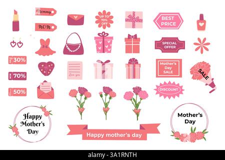 Biglietti d'auguri a tema garofano per la festa della mamma e design di elementi regalo. Illustrazione Vettoriale