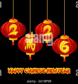 Lanterne rosse cinesi, Capodanno 2026. L'anno del cavallo. Biglietto di auguri di buon anno cinese con geroglifici di cavallo Illustrazione Vettoriale