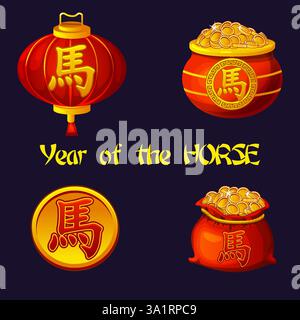 Icone cinesi: Lanterna rossa, moneta, calderone e borsa con il simbolo dell'anno cinese Cavallo. L'anno del cavallo. Talismano fortunato cinese, simbolo zodiacale Capodanno 2026 Illustrazione Vettoriale